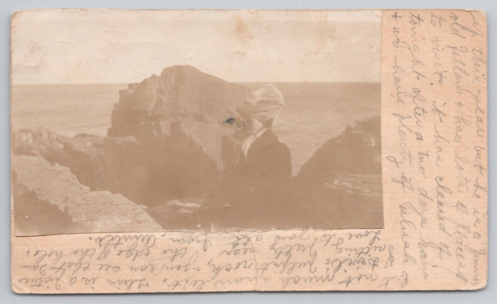 Postcard RPPC Woman in front of Cliffs and Sea, Ogunquit, Maine Vintage PM 1910