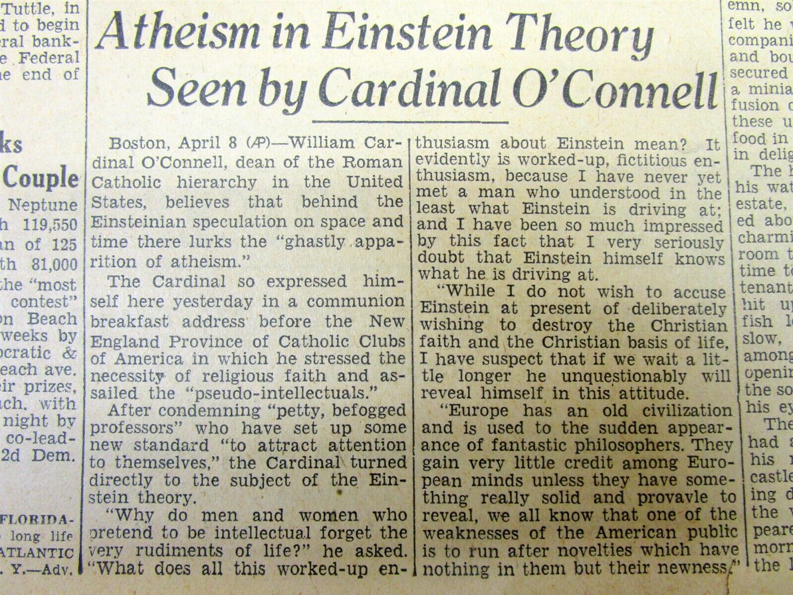1929 newspaper EINSTEIN THEORY of RELATIVITY threat to RELIGION says CATHOLIC CH