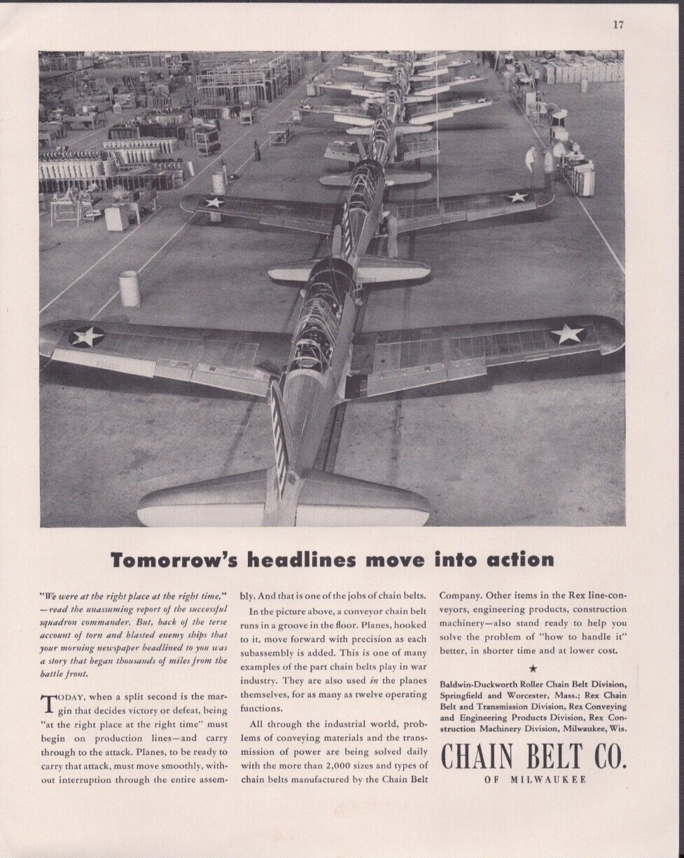 1943 Print Ad Chain Belt of Milwaukee War Plane Production Line WWII Homefront