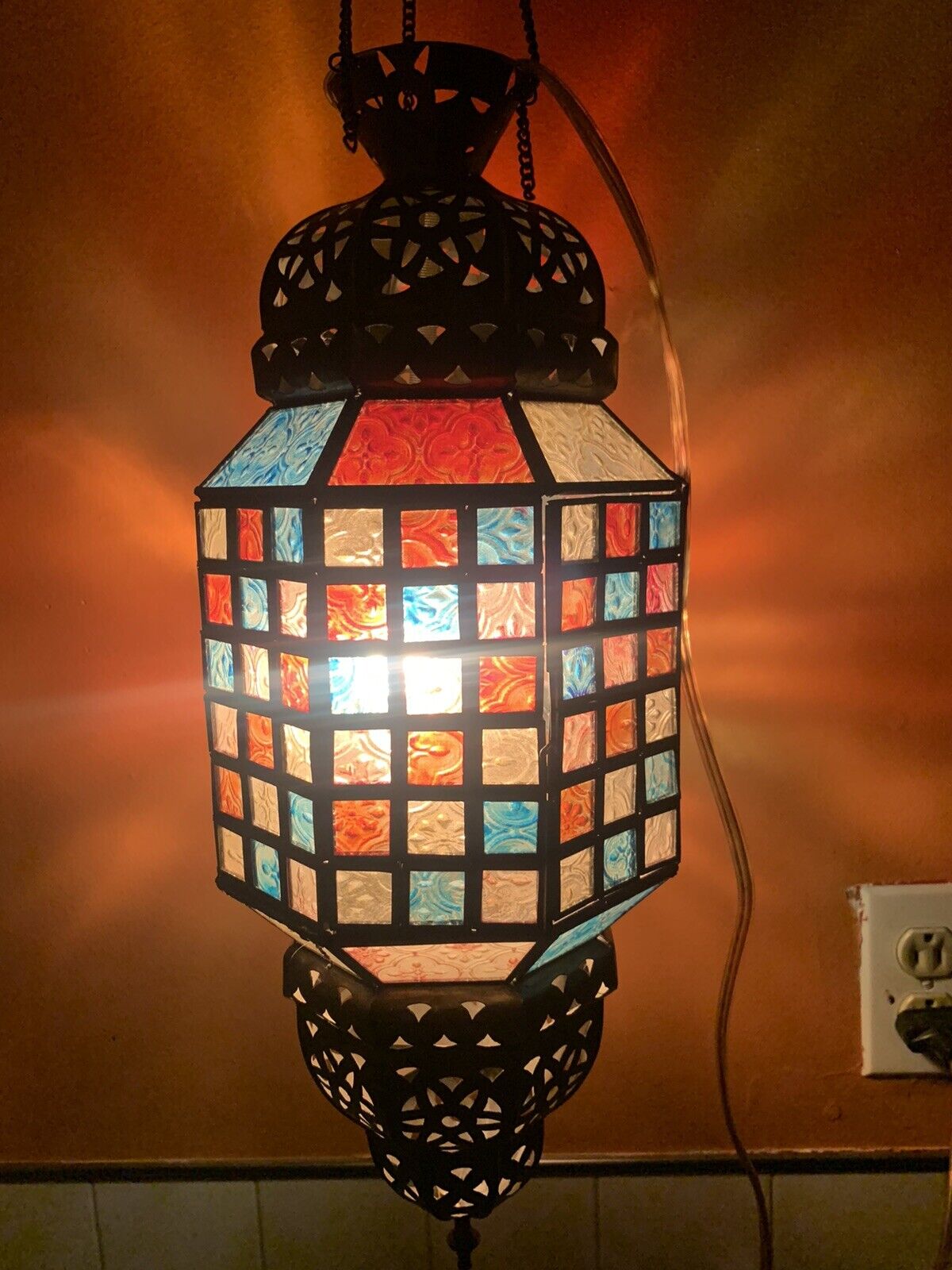 VTG Morrocan Stained Glass Hanging Lantern Light 