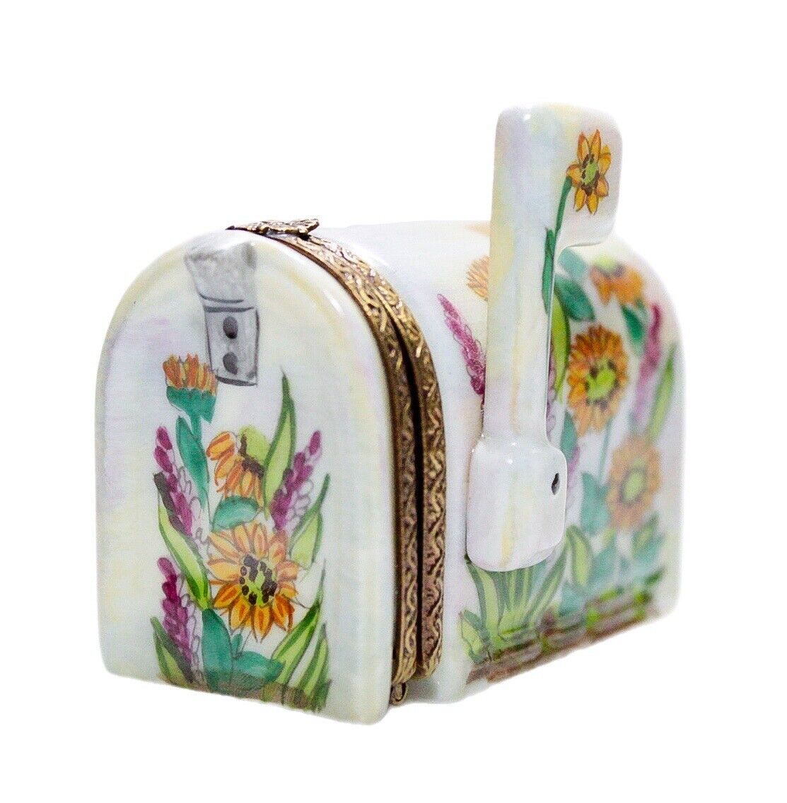 LIMOGES France ROCHARD Peint Main Sunflower Mailbox Porcelain Trinket Box