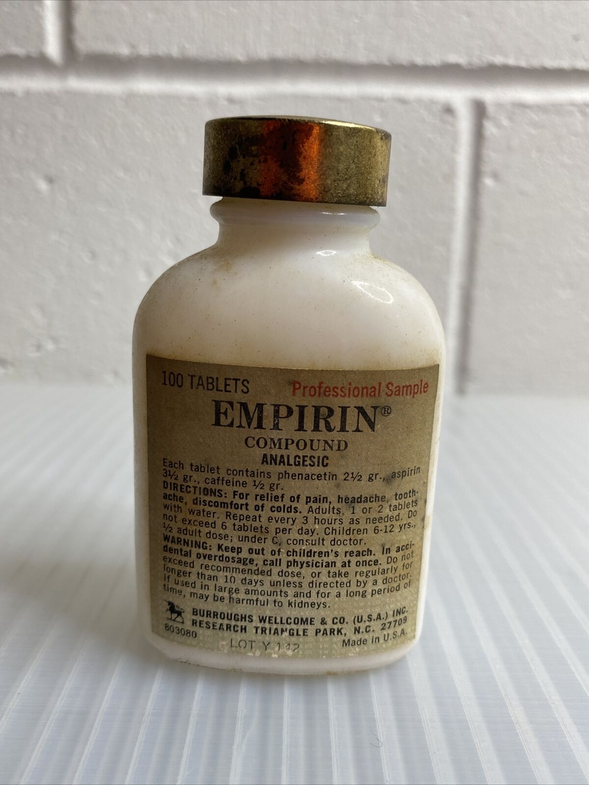 Vintage Milk Glass Bottle Burroughs Wellcome & Co Empirin Compound Medicine Empt