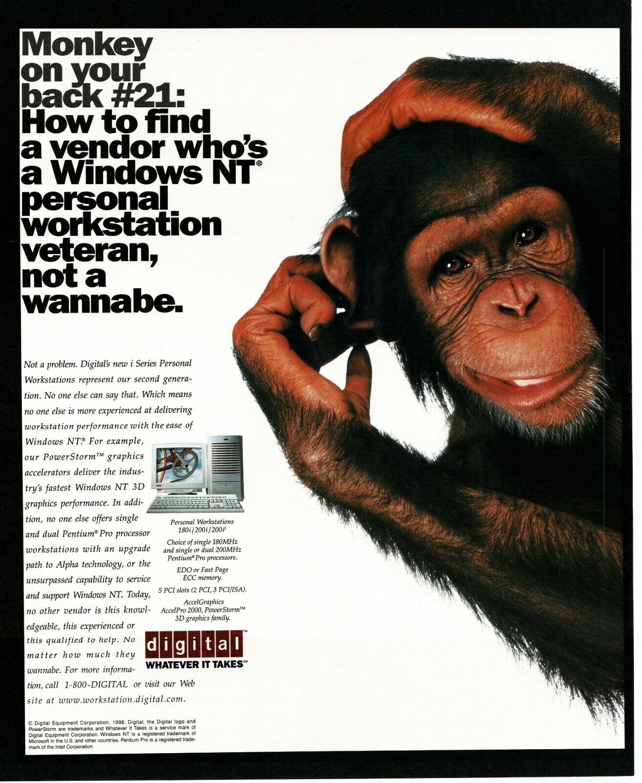1996 DIGITAL Equipment Corp. Personal Computer chimpanzee Vintage Print Ad