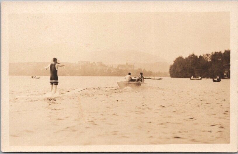Vintage 1930s WATER-SKIING Real Photo RPPC Postcard Skier / Boat - Lake Scene