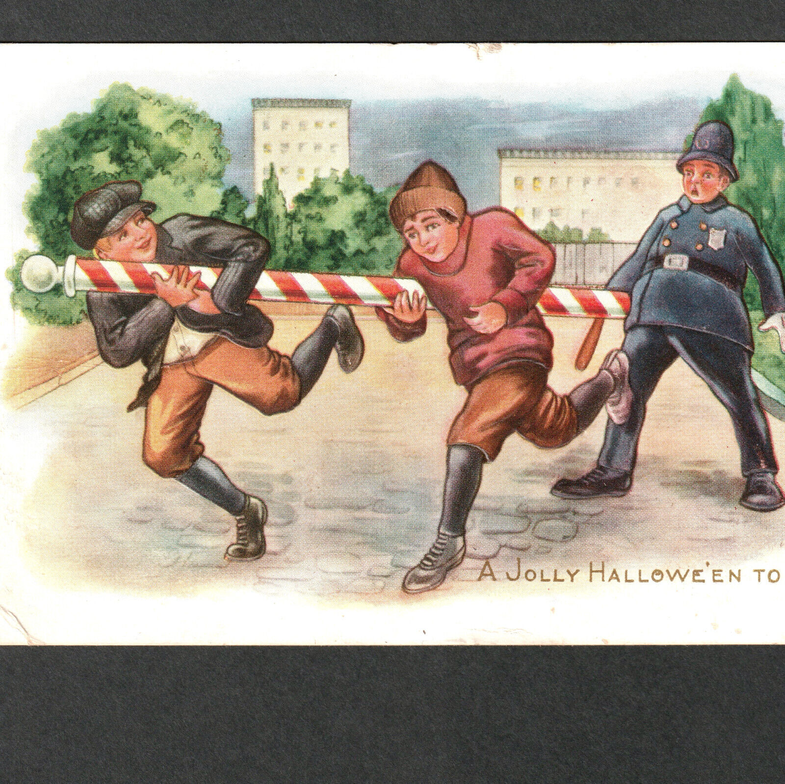 A Jolly Halloween To You Barber Shop Pole Police Trick Cop Whitney WH32 PostCard