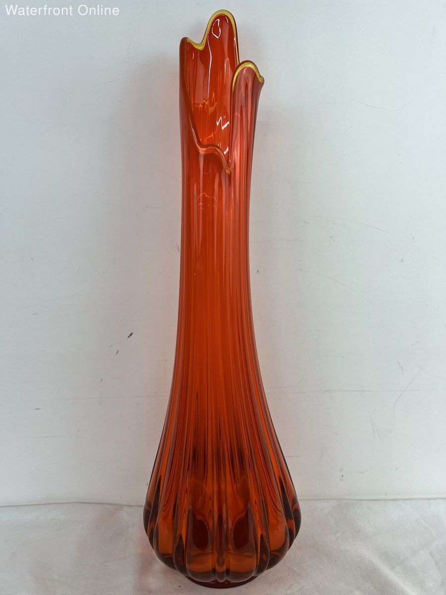 Large Vintage MCM L.E. Smith Orange 23” Swung Vase Simplicity Ribbed