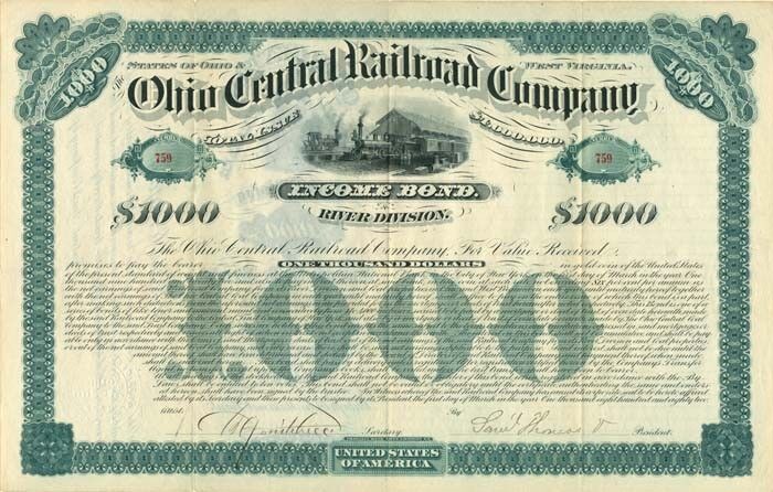 Ohio Central Railroad Co. - $1,000 Bond (Uncanceled) - Railroad Bonds