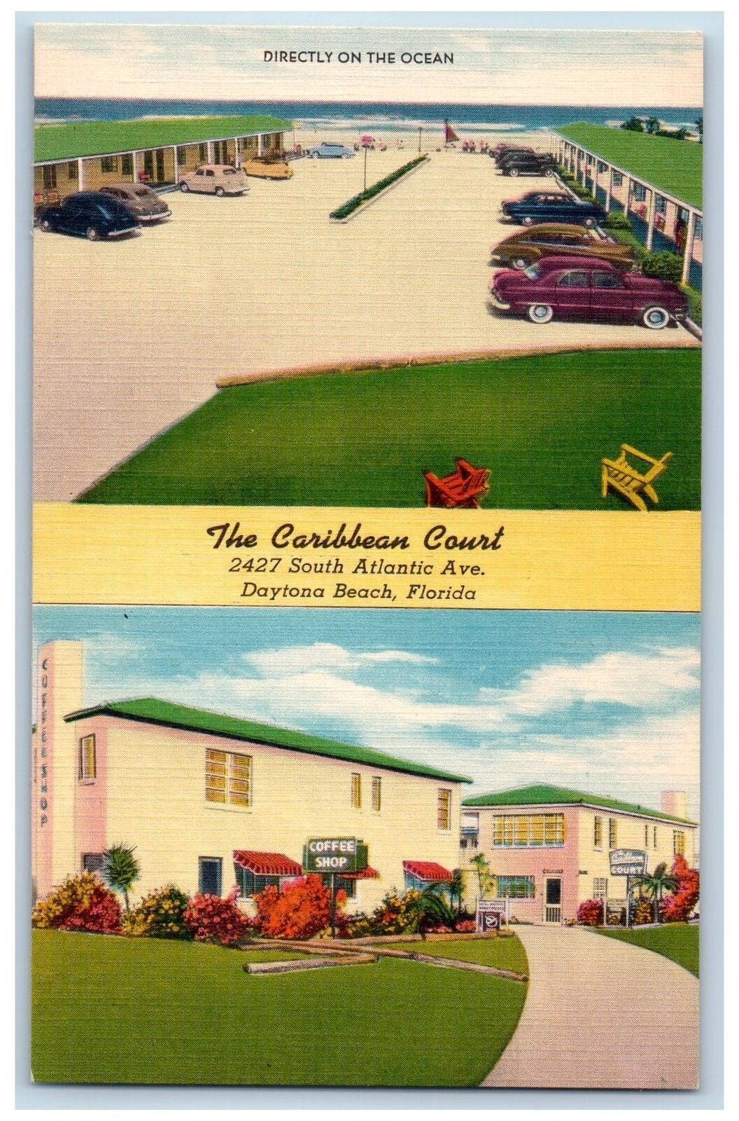 c1940's Daytona Beach Florida The Caribbean Court Classic Cars Cottages Postcard