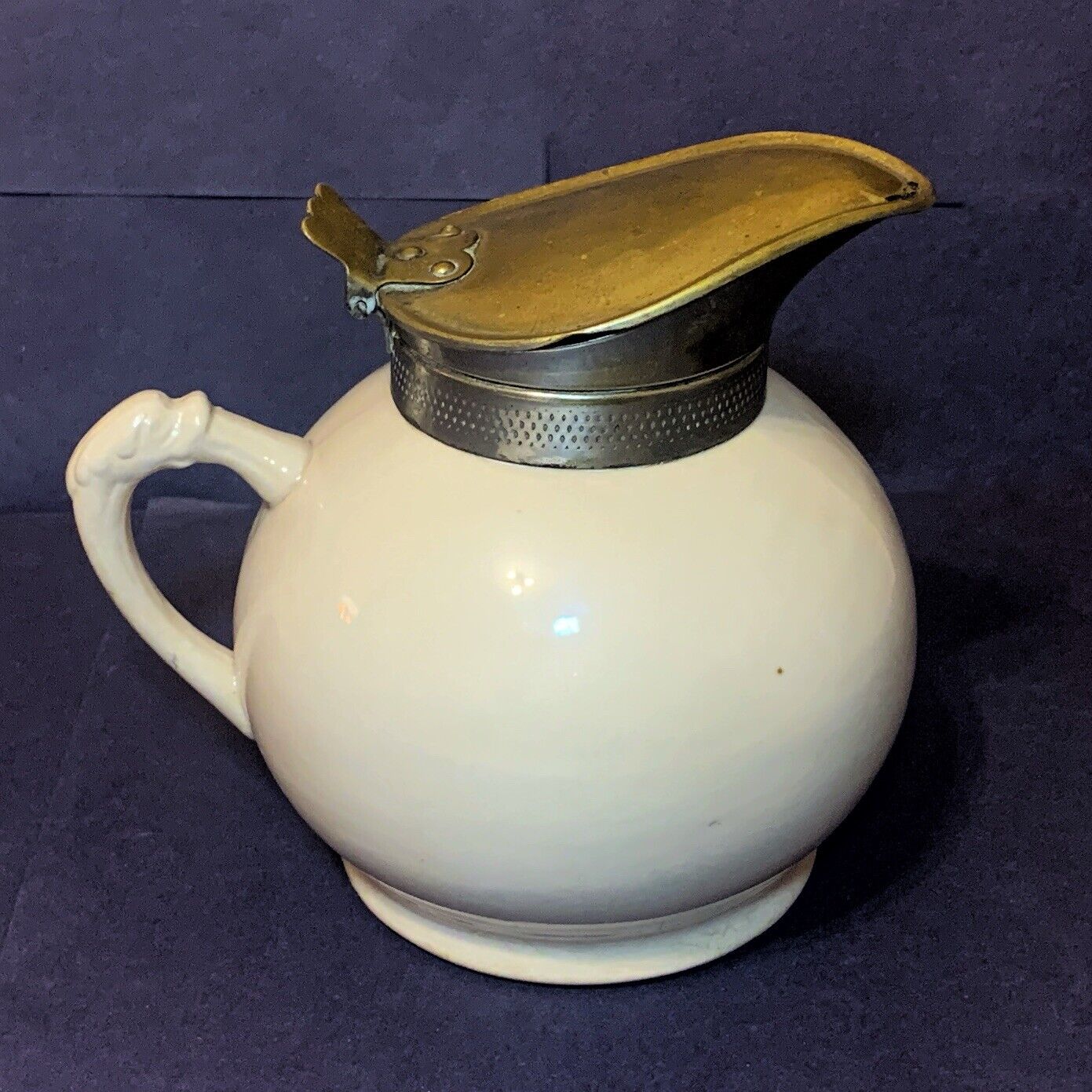 Antique Laughlin Ceramic Syrup Yellow Ware Dispenser with Metal Lid 1894 to 1905