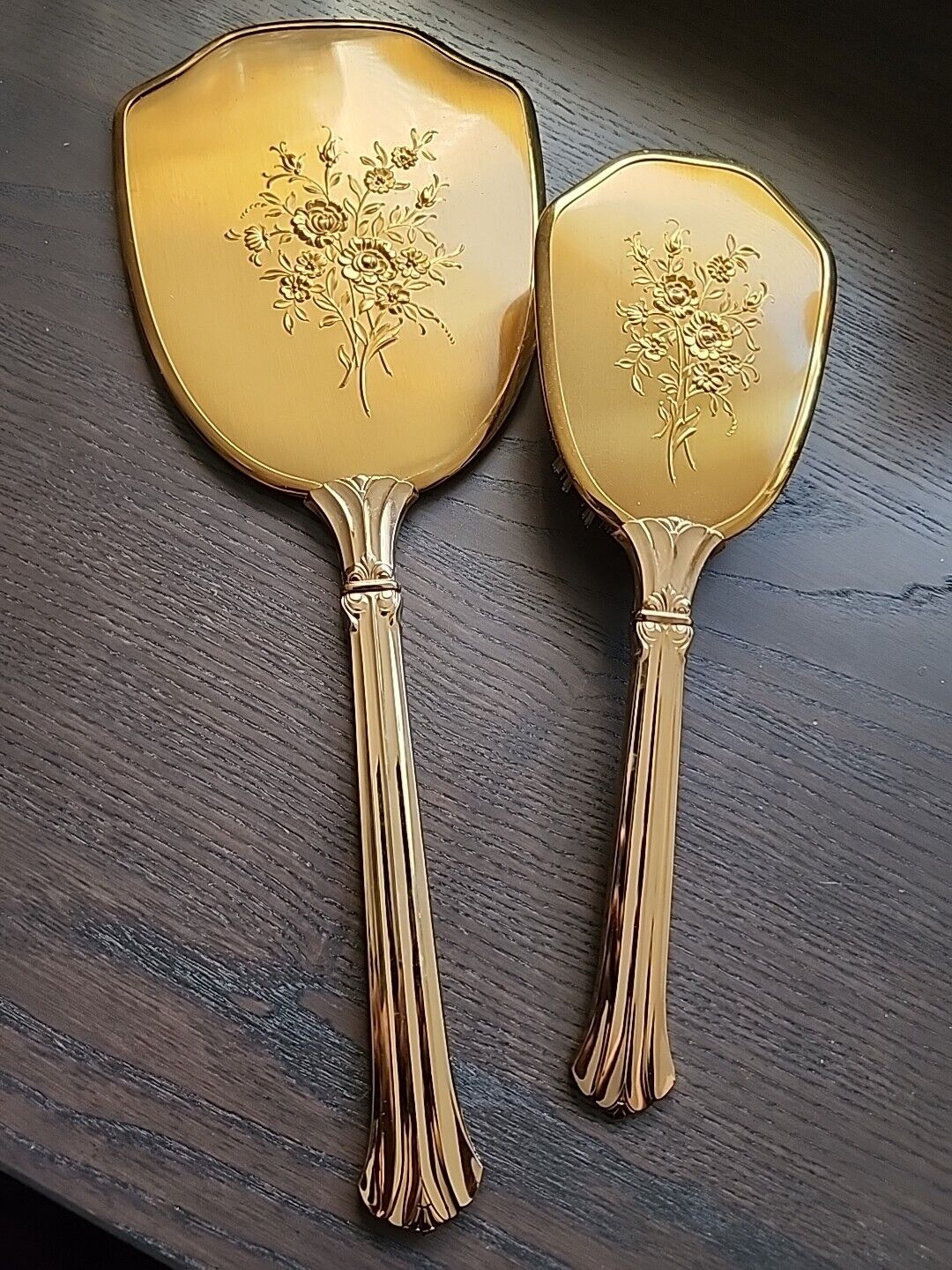 Vintage Matson Mirror and Brush Flowers 24K Gold Plated Filigree Set