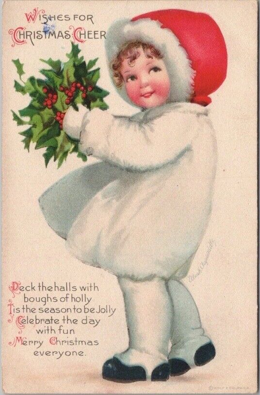Vintage 1910s WOLF Christmas Postcard Girl / Holly - Artist-Signed CLAPSADDLE