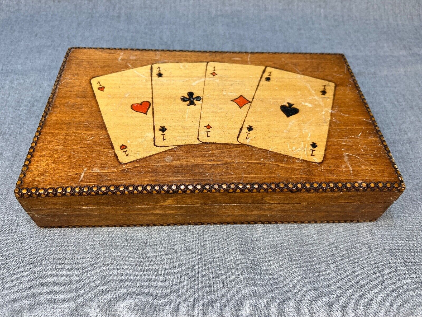 Vintage Double Deck Playing Cards Poker Chips Dice Carved Wooden Box Full