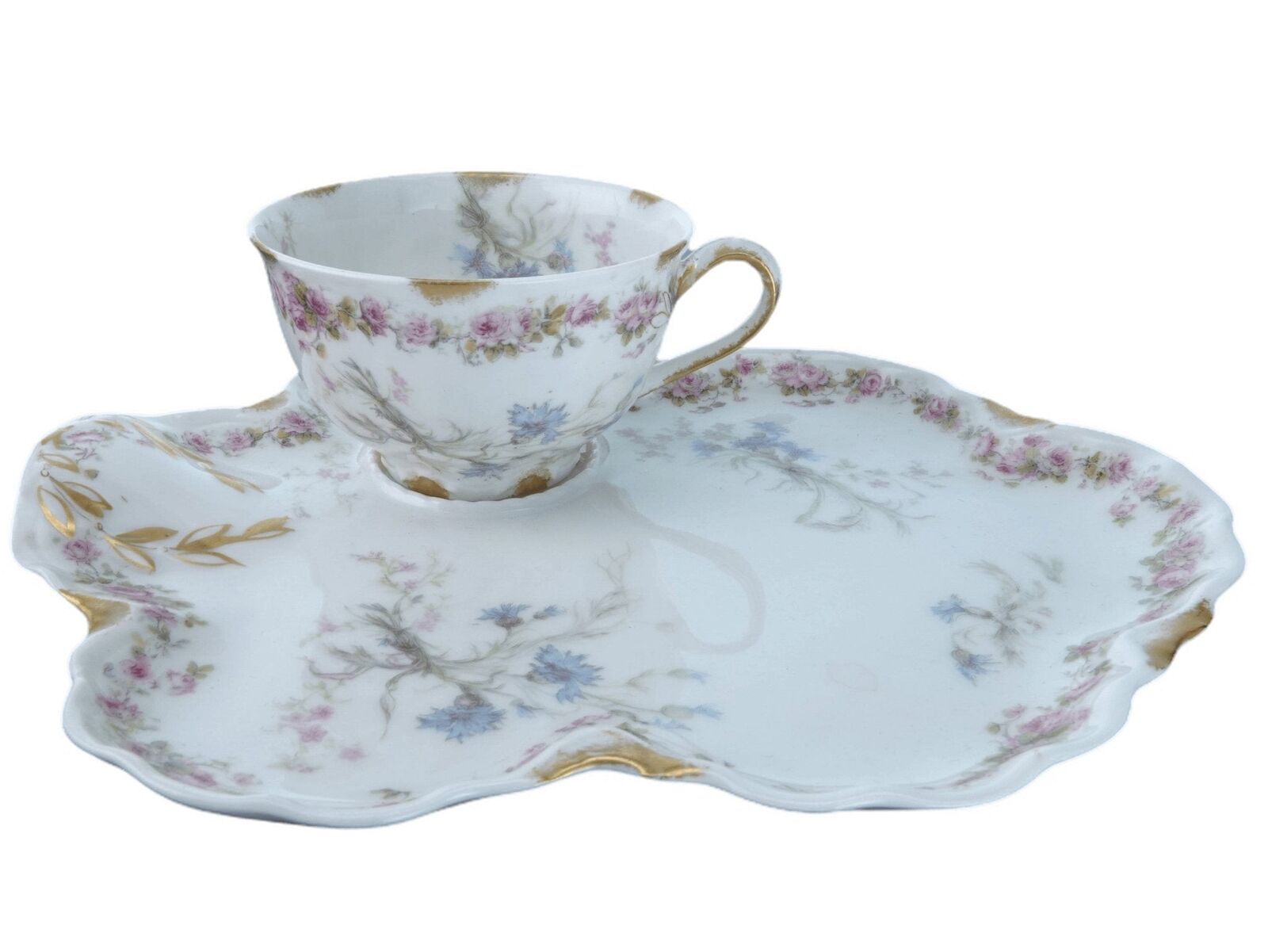 c1900 Haviland Schleiger 70d Limoges Snack Set Cup and plate Pink roses and
