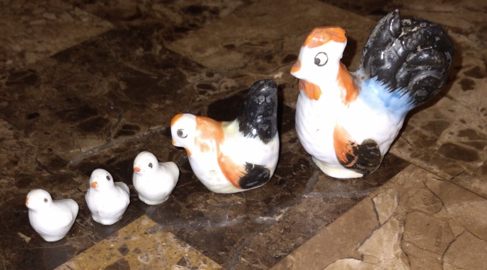 Vintage Miniature Porcelain Rooster, Chicken & 3 Chicks