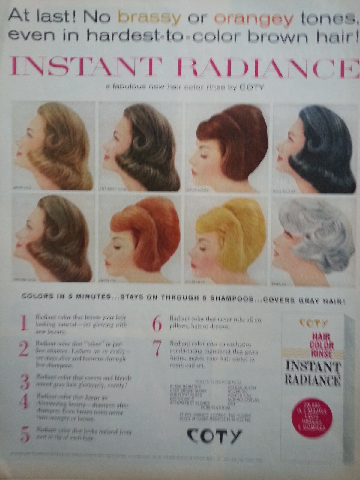 1961 Coty Cosmetics Instant Radiance Hair Color Rinse 7 Shades Color Print Ad