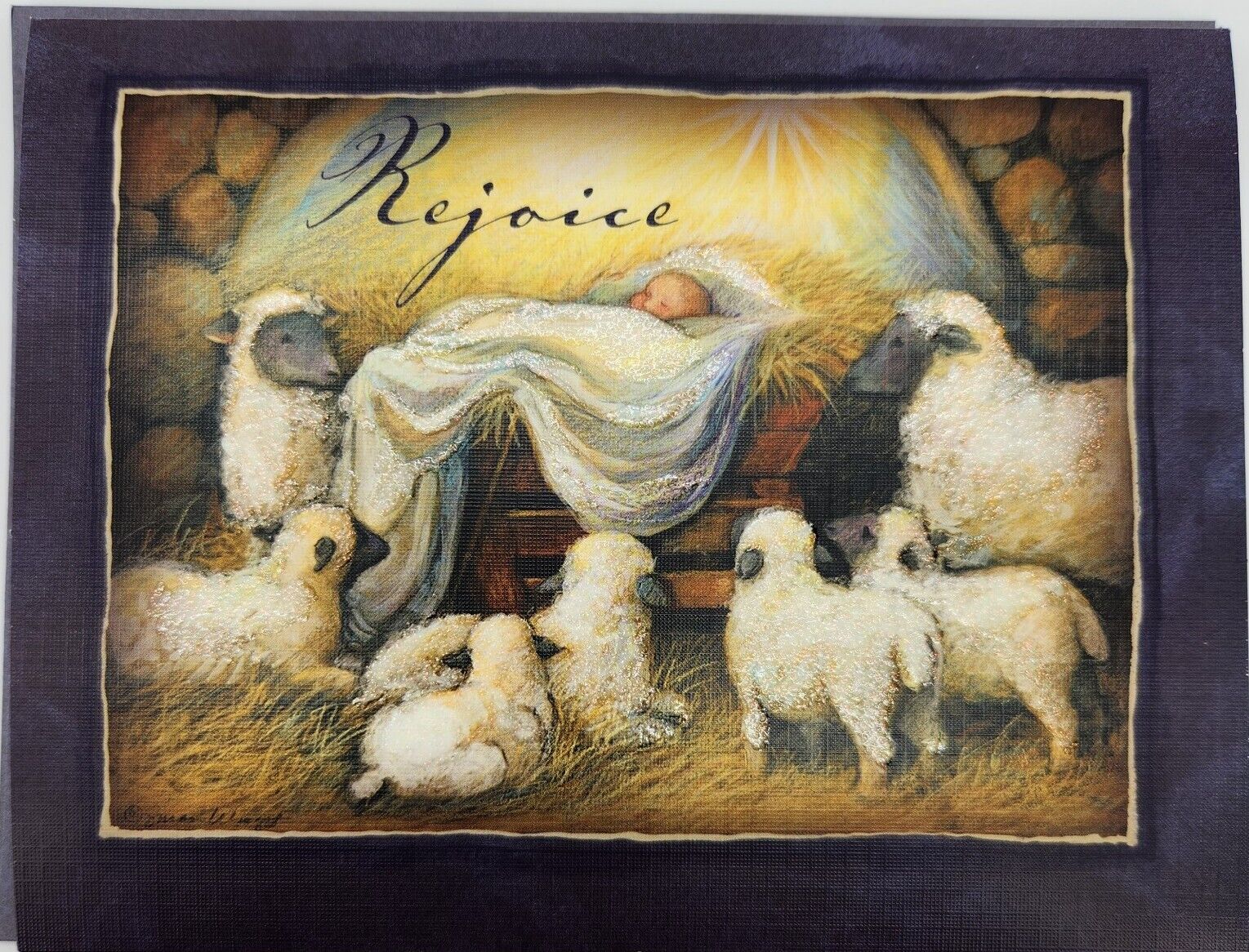 1 LANG Linen Glitter Christmas Card Envelope Stamp REJOICE Sheep Manger S Winget