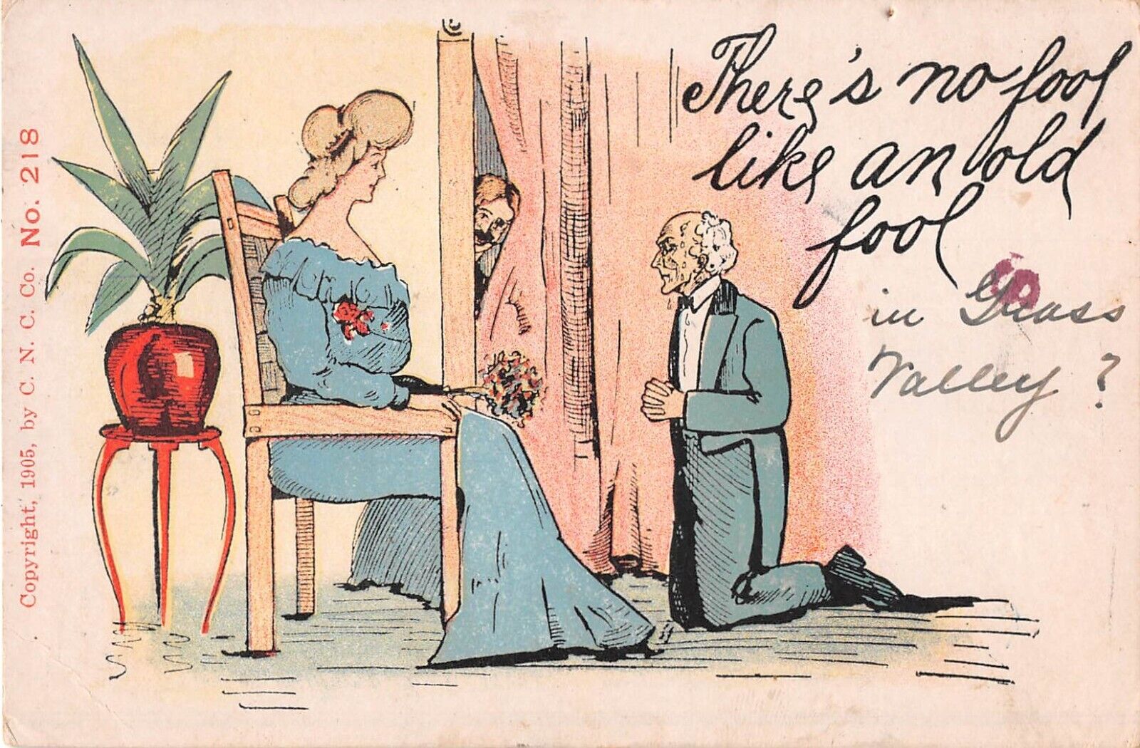 1906 Comic PC-Elderly Man Kneeling Before Pretty Lady-No Fool Like An Old Fool