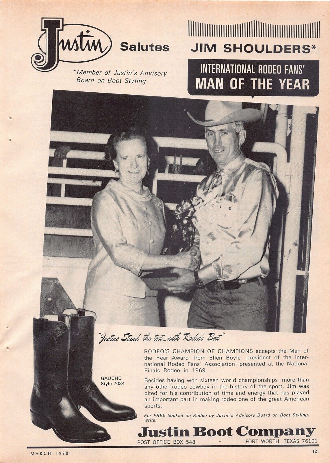 Jim Shoulders Rodeo Fans Man Of The Year Justin Boot Company Vintage Print Ad