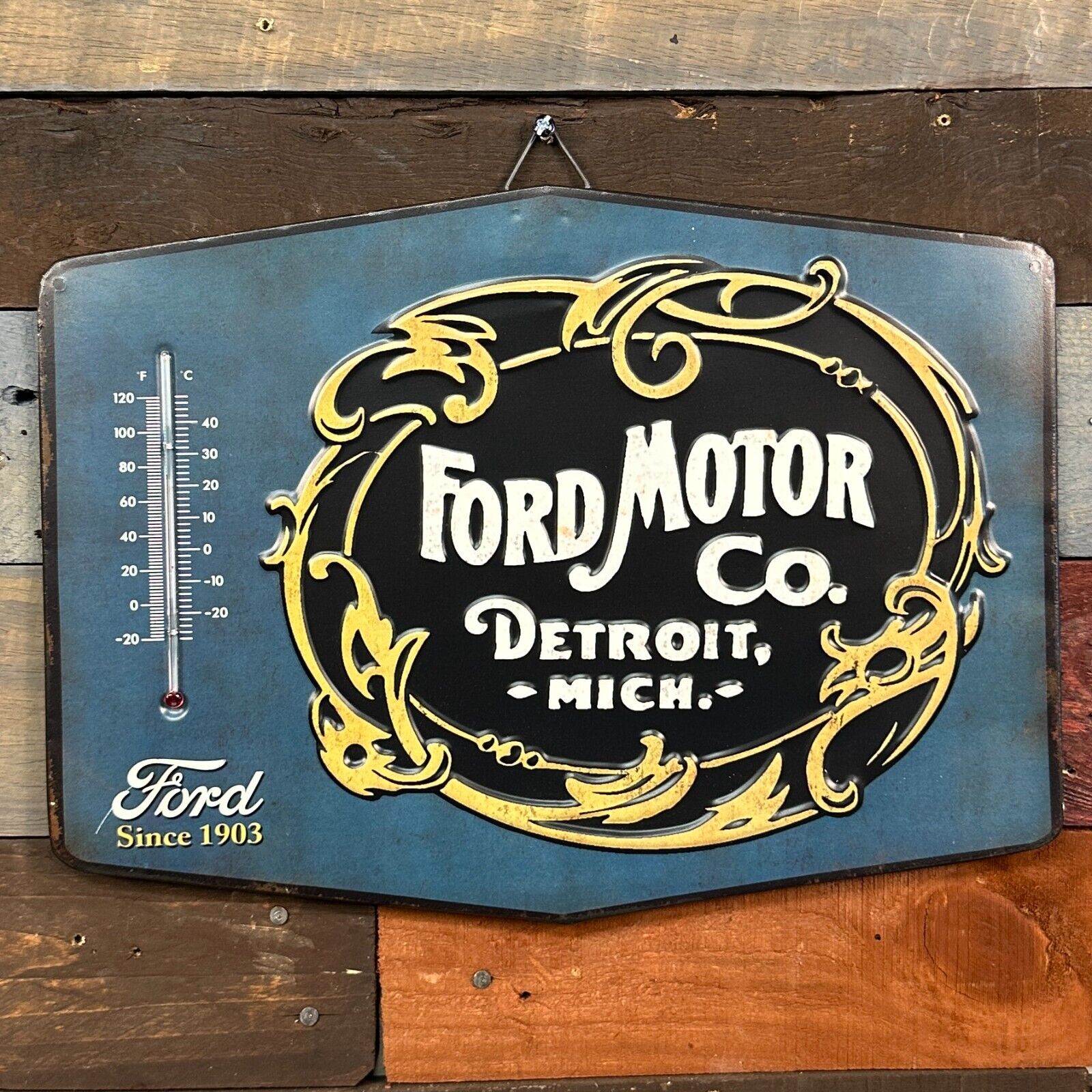 Ford Motor Co. Detroit Mich. Embossed Thermometer & Sign Vintage Advertising