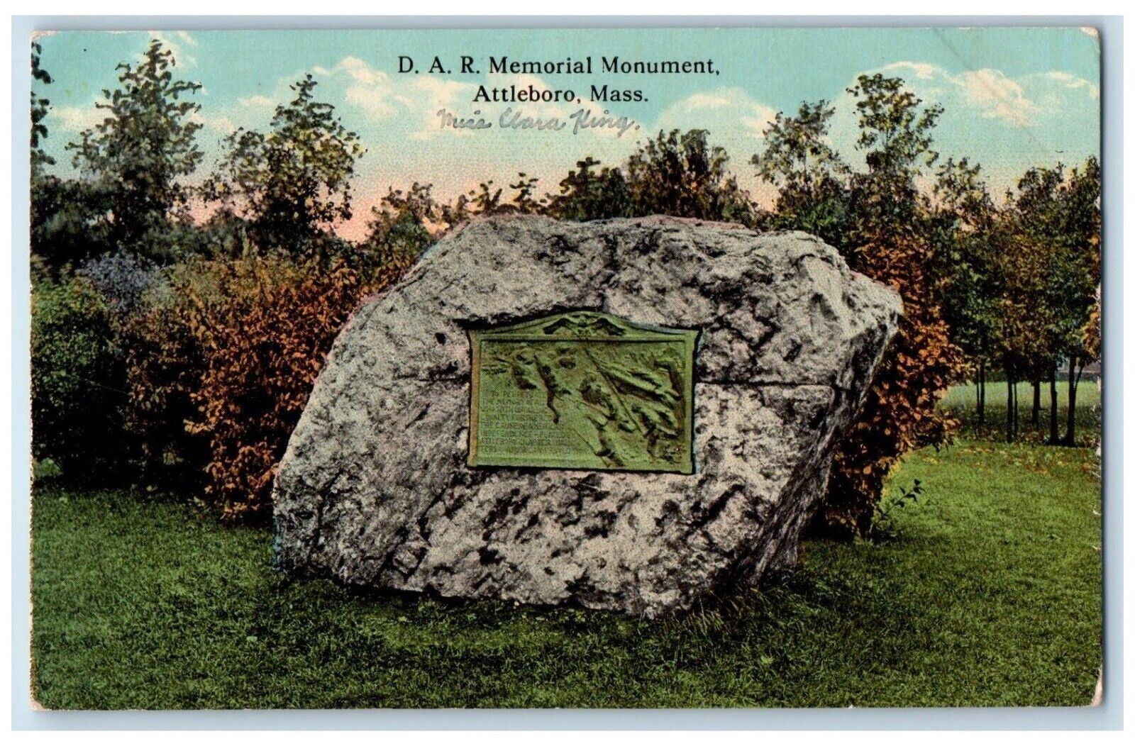 1914 D. A. R. Memorial Monument Attleboro Massachusetts MA Antique Postcard