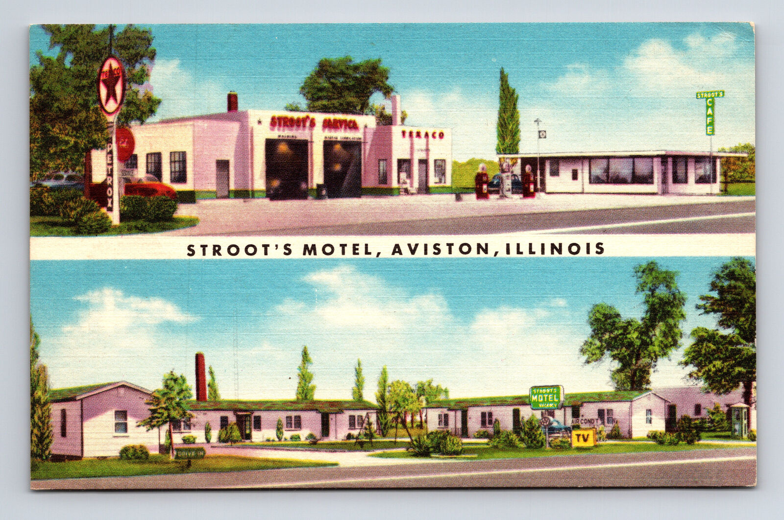 Stroot\'s Motel Service Gas Station Café Restaurant Aviston Illinois IL Postcard