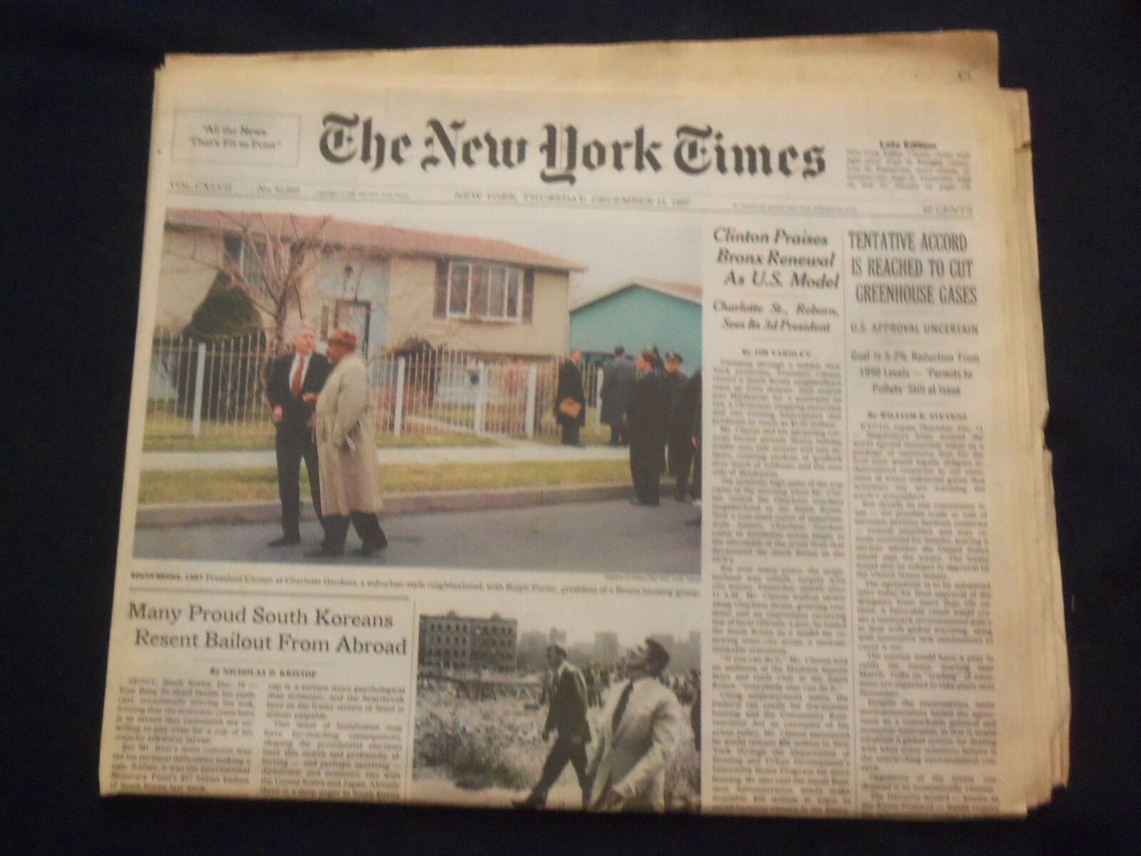 1997 DEC 11 NEW YORK TIMES NEWSPAPER -ACCORD REACHED CUT GREENHOUSE GAS- NP 7088