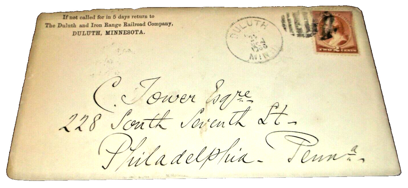 MARCH 1886 DULUTH AND IRON RANGE USED COMPANY ENVELOPE DM&IR PREDECESSOR