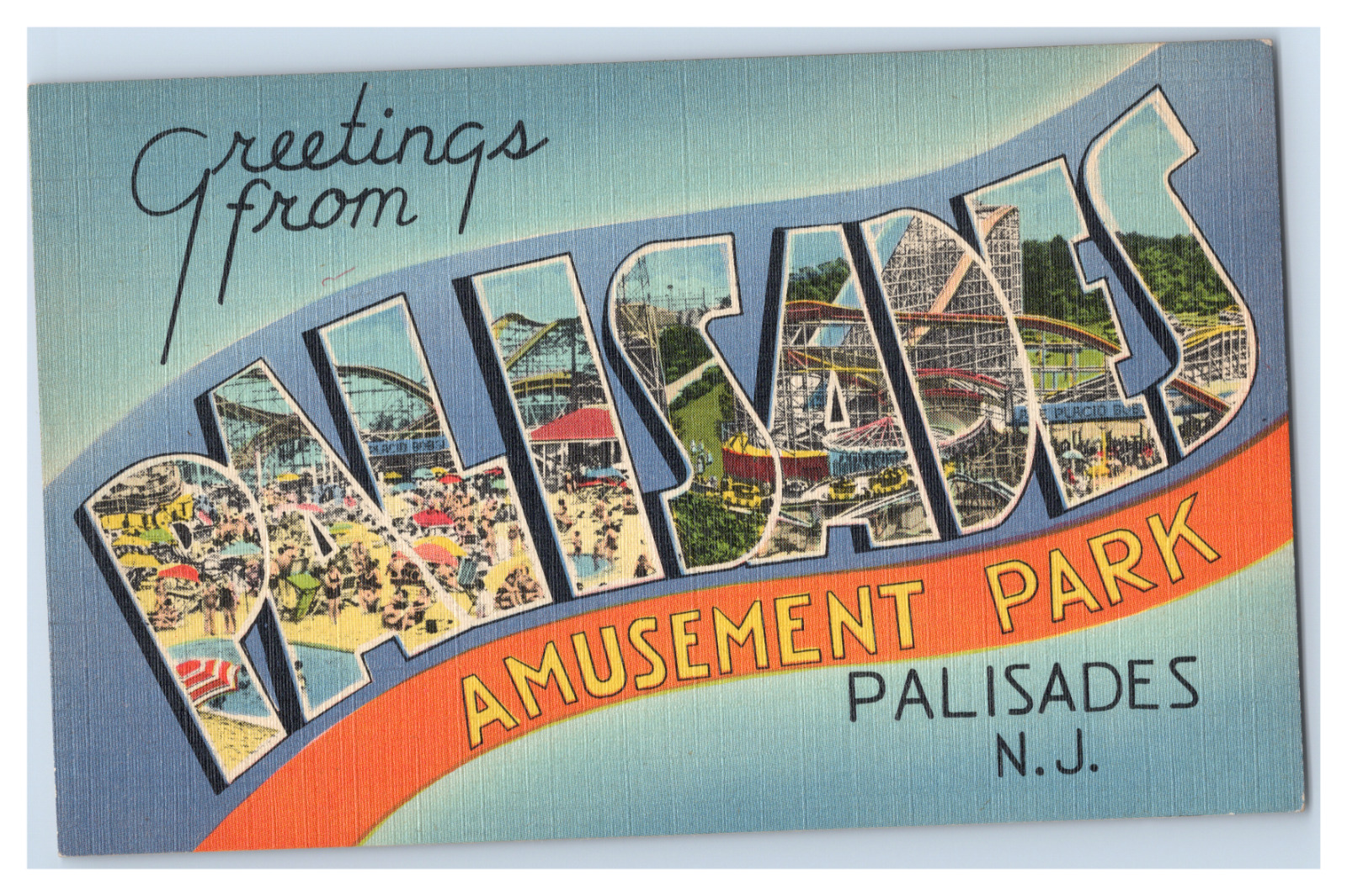 Linen Postcard Greetings from the Palisades Amusement Park Large Block Letters