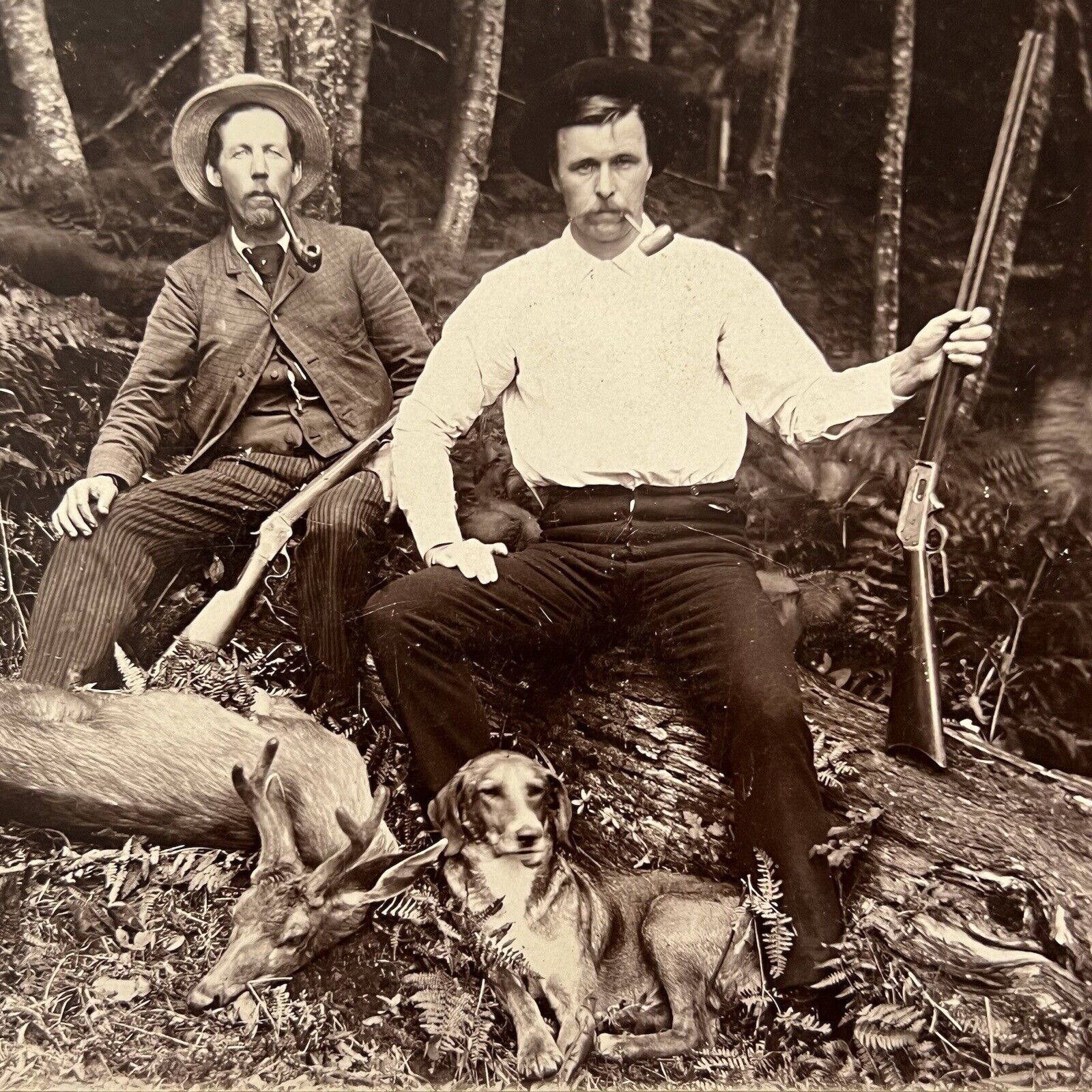 Antique Cabinet Card Photograph Men Hunting Dog Guns Deer Pipes Wild West