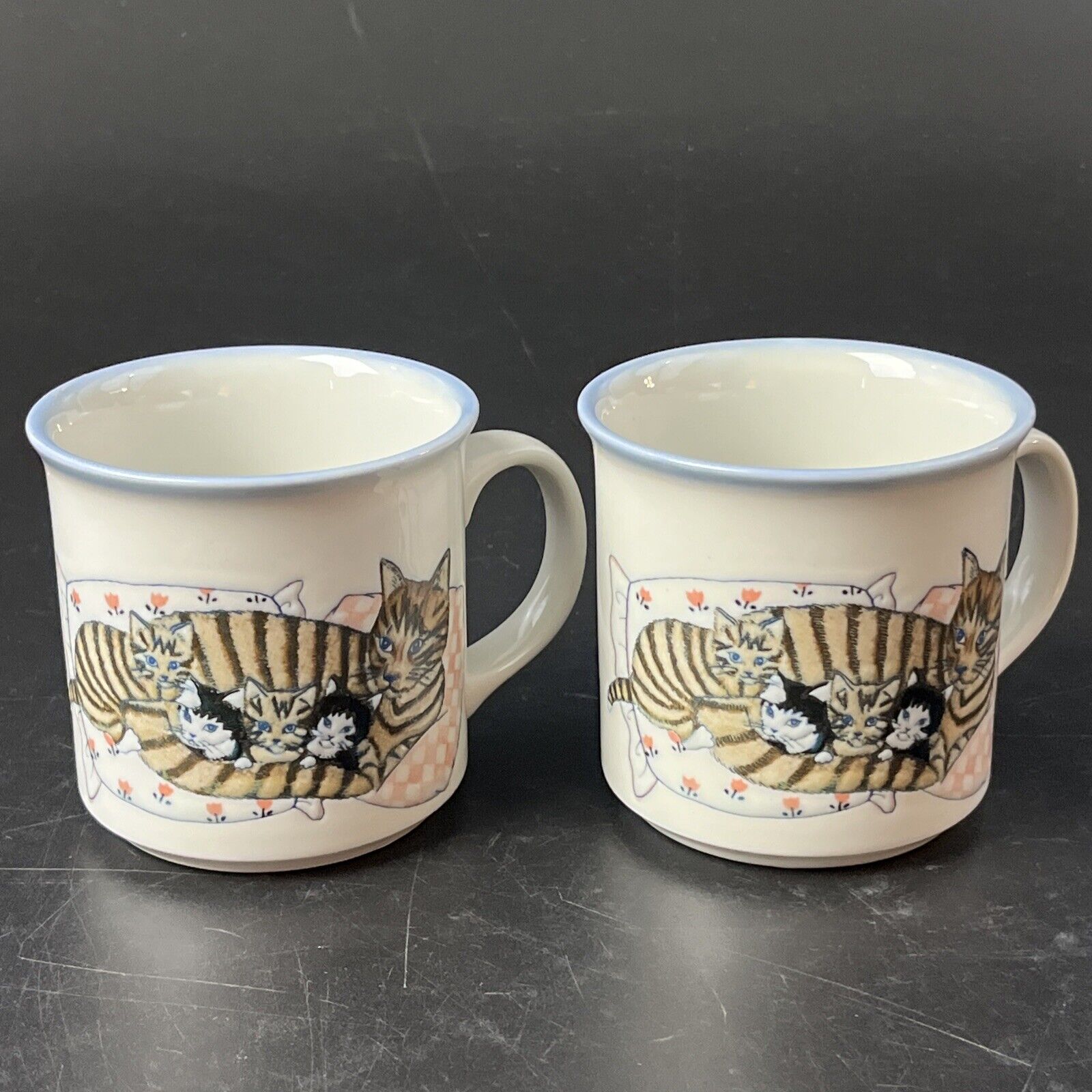2 Vtg Otagiri Embossed Cat Mug Japan Tux Tabby Mamma & Kittens Stoneware Set