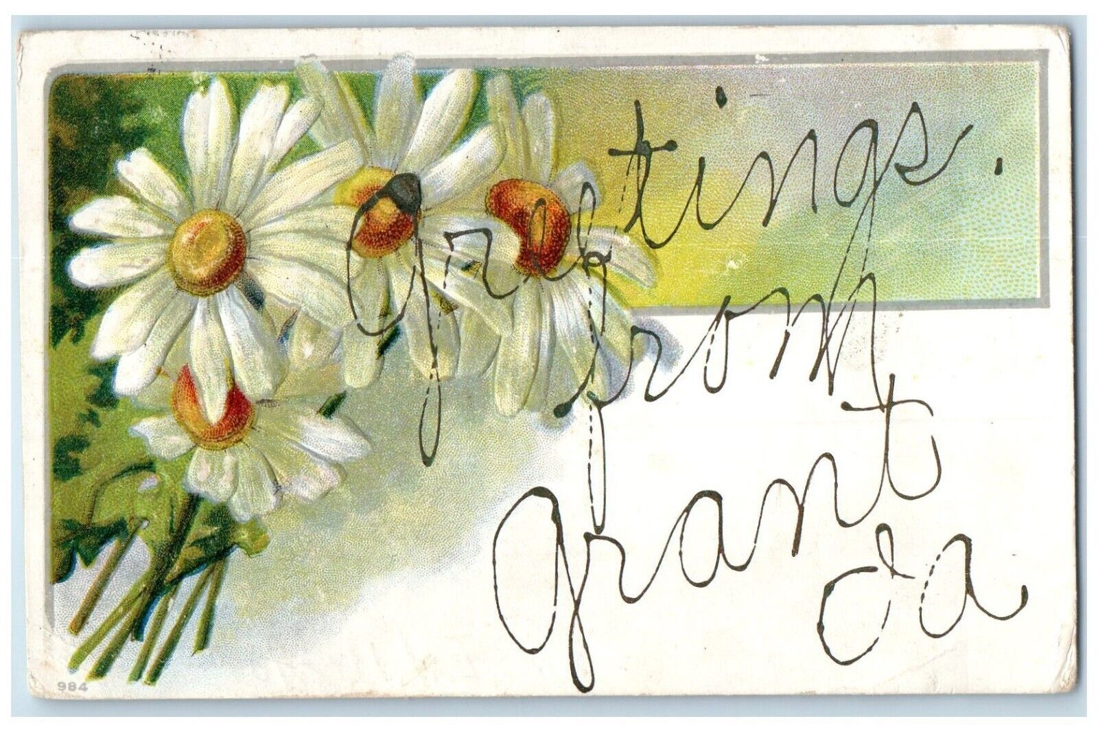 1909 Greetings From Grant Iowa IA, Daisy Flowers Embossed Antique Postcard