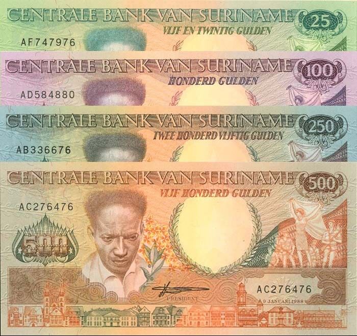 Suriname - 25, 100, 250, 500 Gulden - P-132-135 - 1988 dated Foreign Paper Money