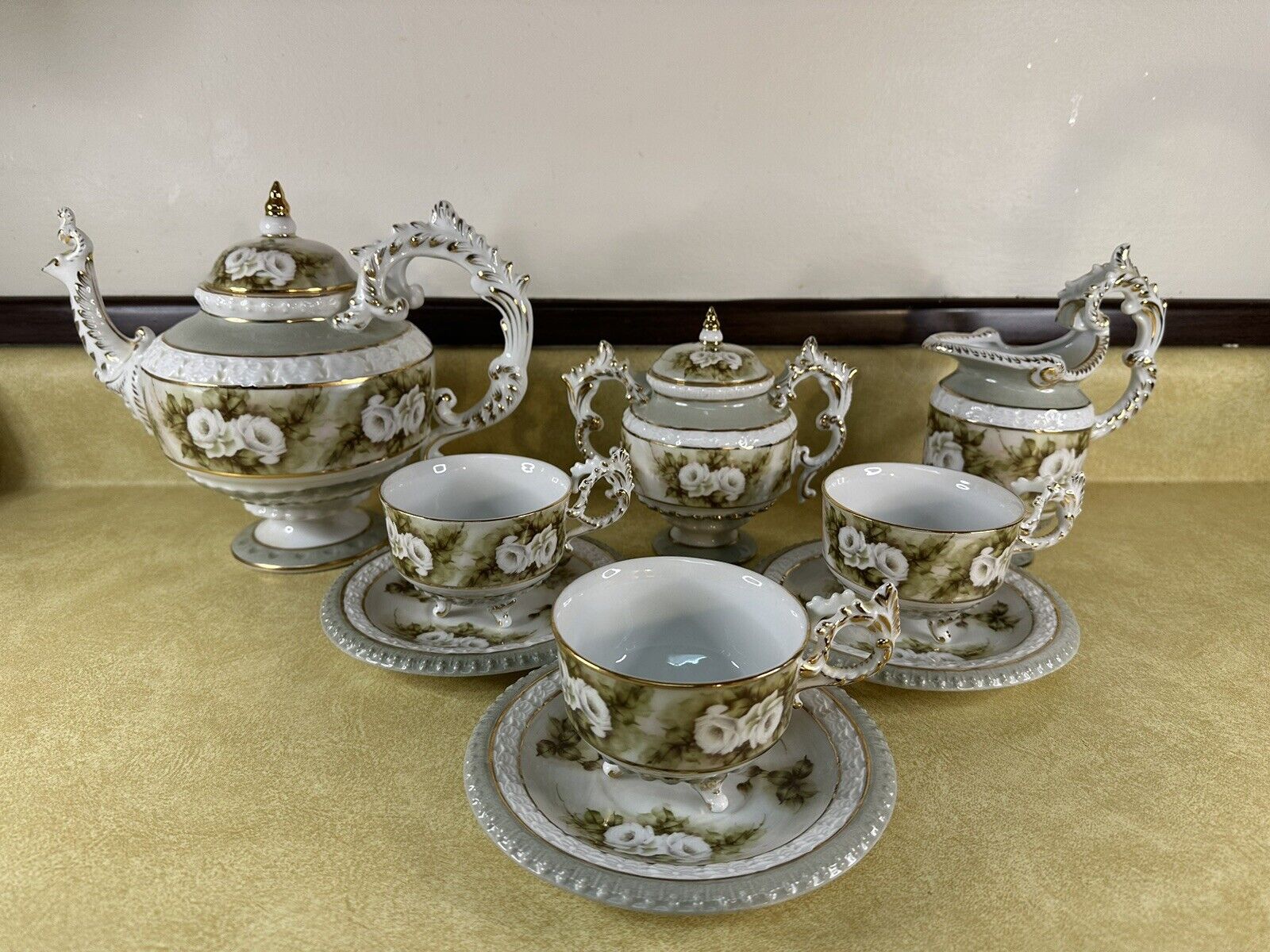 Complete Tea Set. Roses on Sage Green & White w/Gold Accents, Footed, Victorian