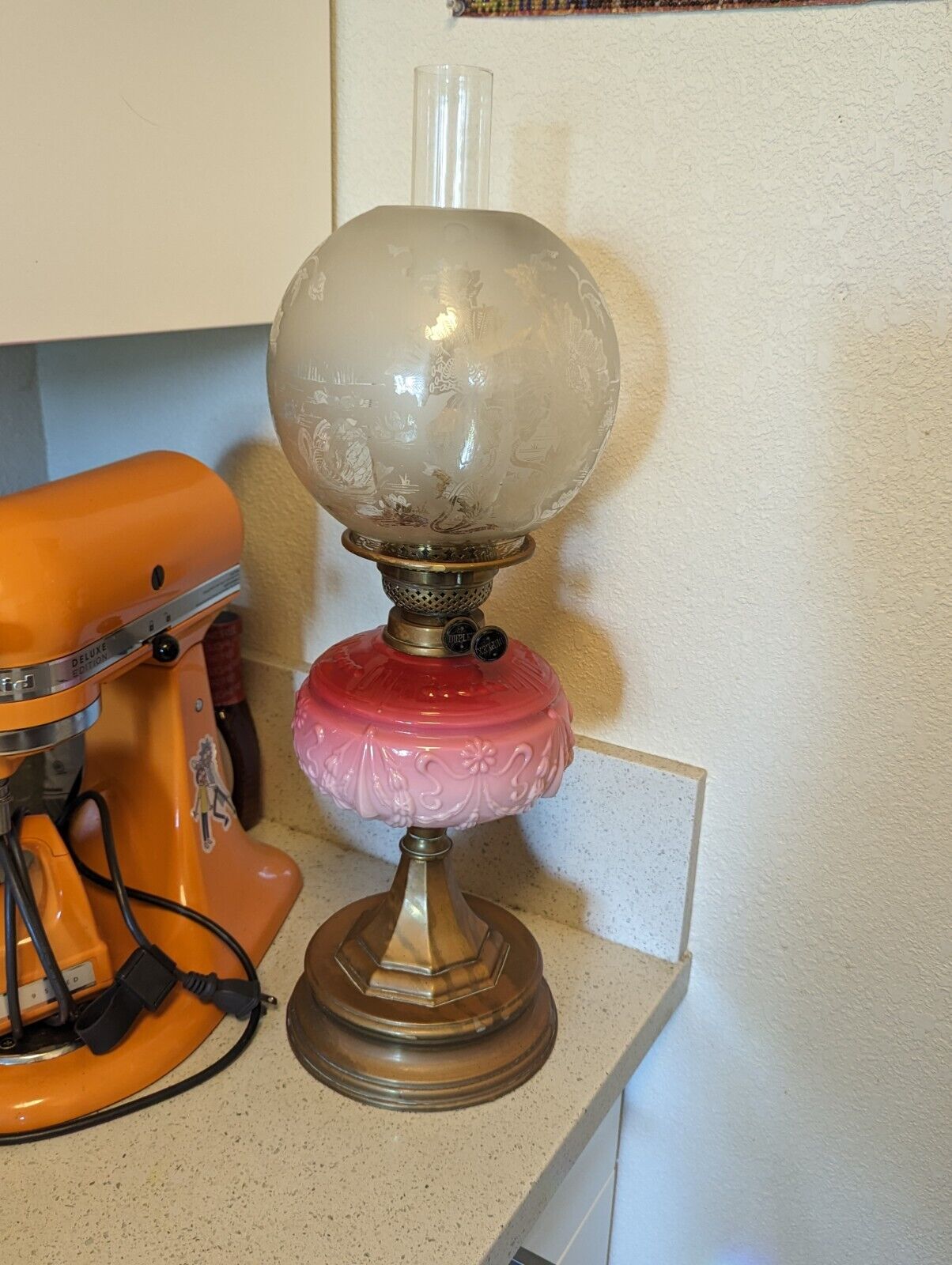 Antique Brass And Pink Cranberry Oil Lamp With Decorative Shade