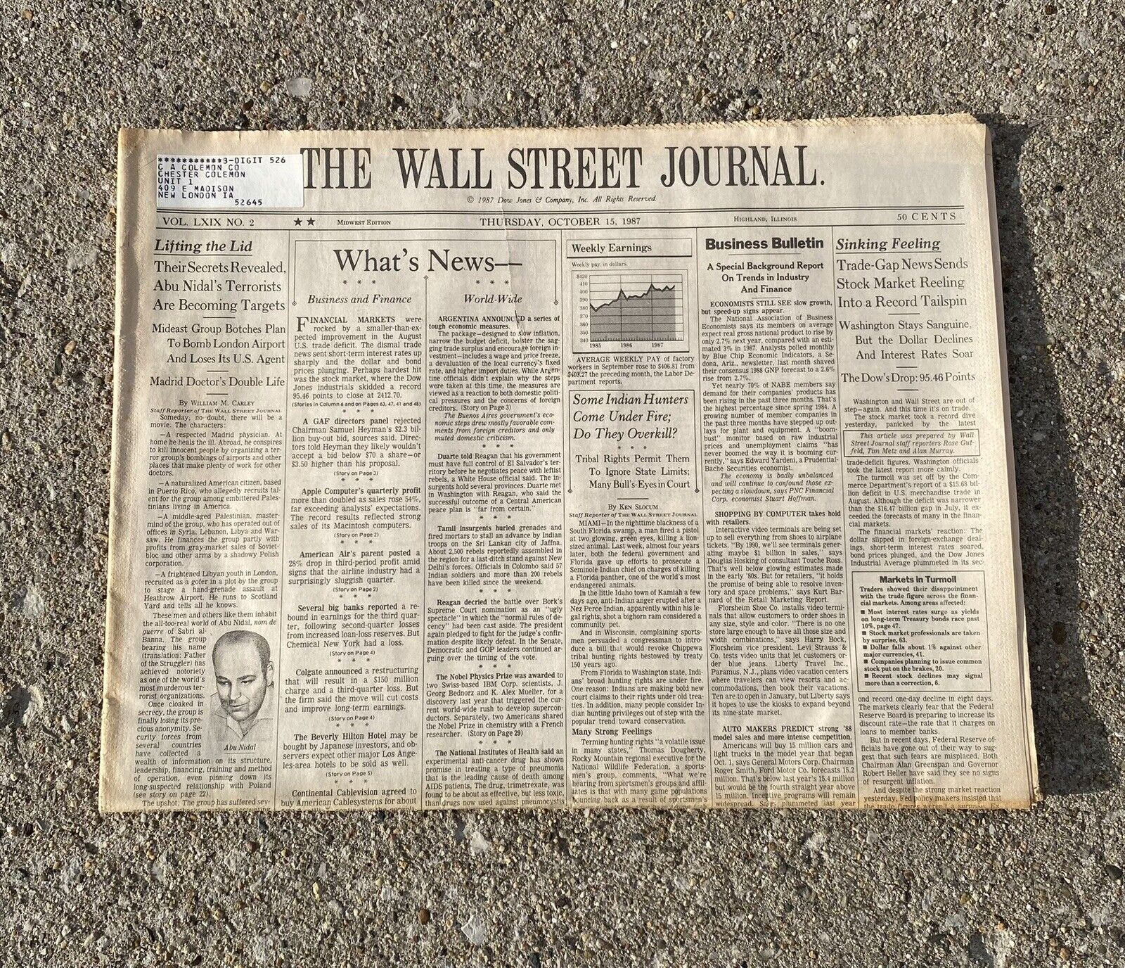 Wall Street Journal Newspaper Black Monday Stock Market Crash, October 15 1987