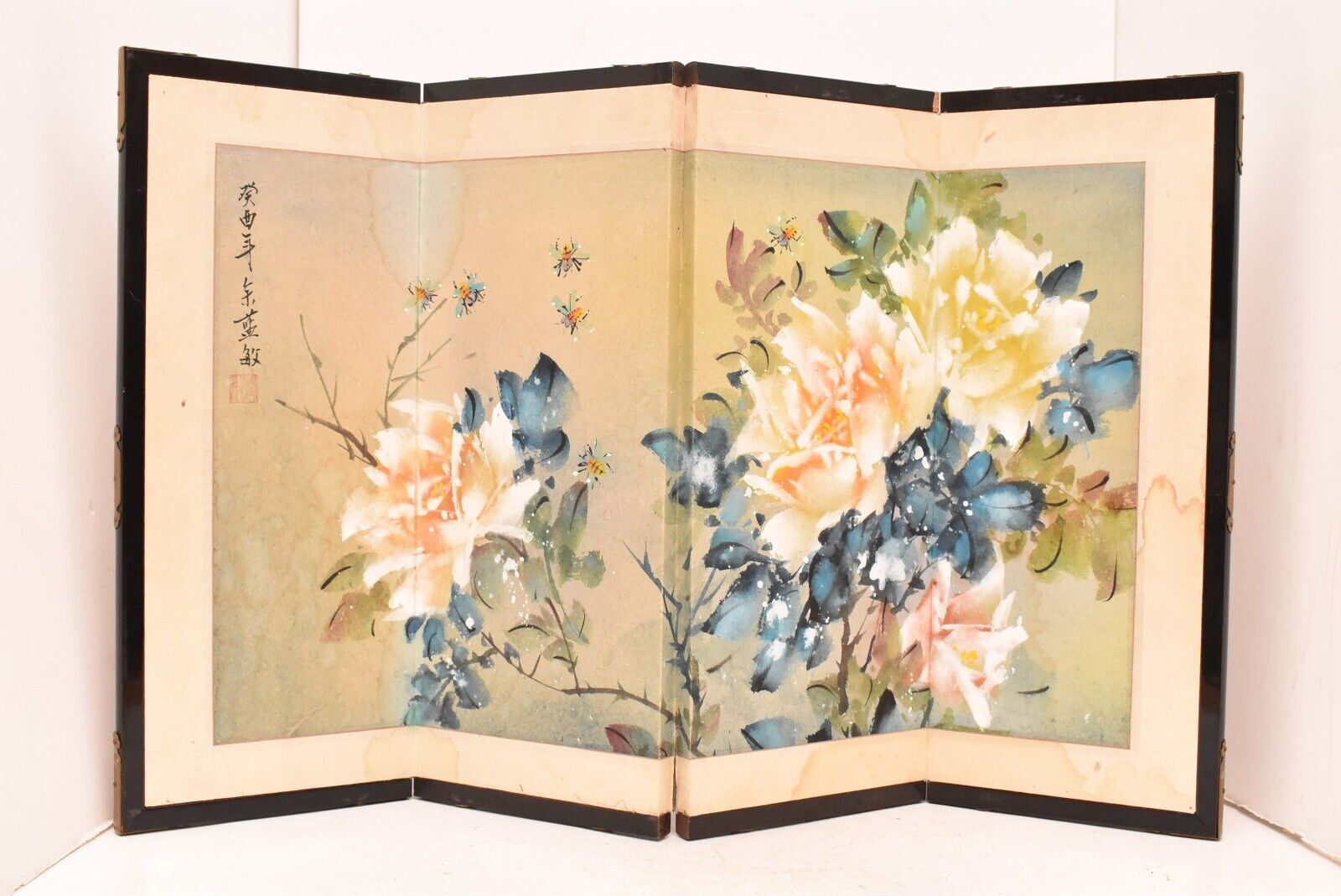 Japanese VTG 4 Panel Folding Screen Asian Byobu Painted Chinese 24x15 Table top