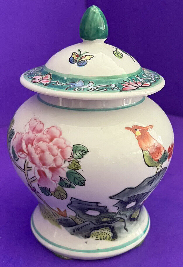 VTG Chinese Small Ginger Jar w Lid Bird Flower Peony 6” Asian Decor Signed SALE