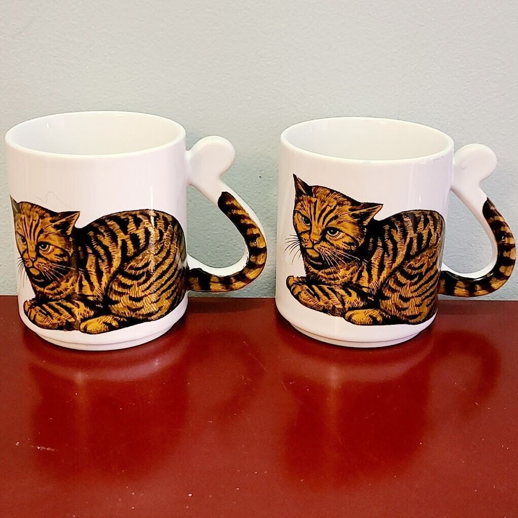 Pair of Cat Mugs Tiger Stripe /  Tabby / Calico - Flat Tail Handle - Japan