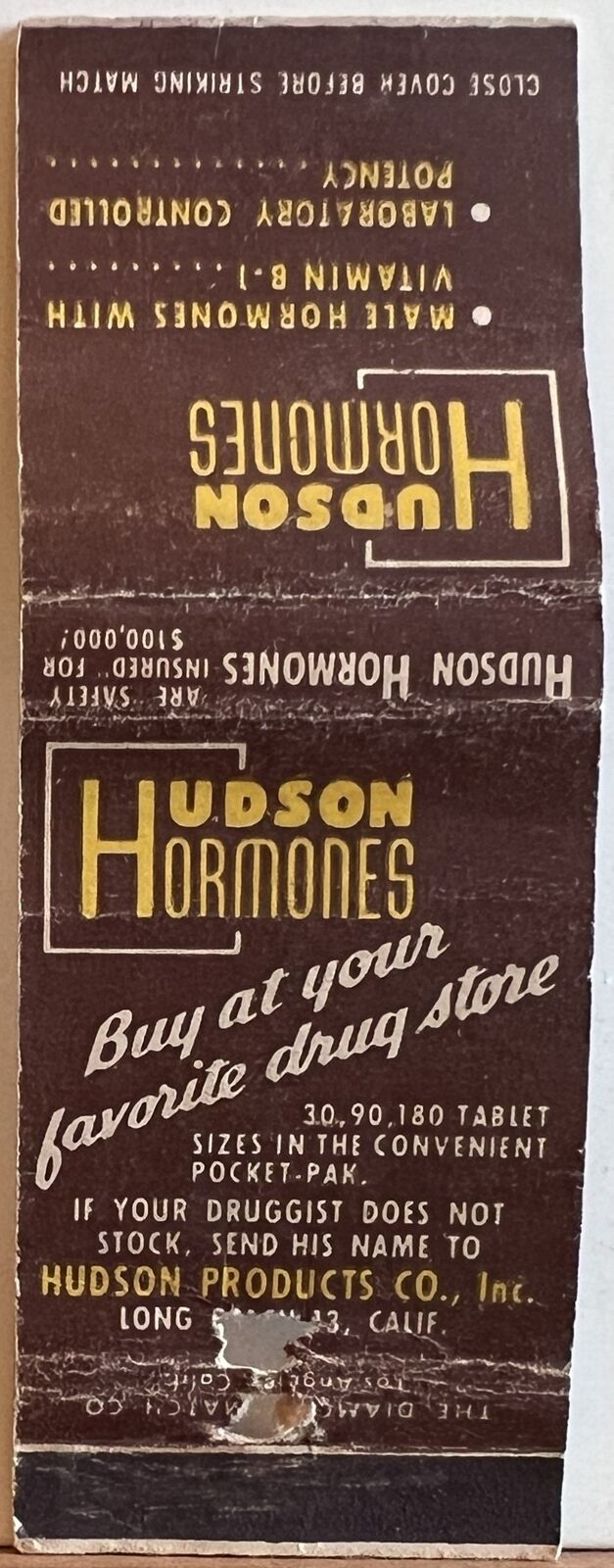 Hudson Hormones Hudson Products Co Long Beach CA California Matchbook Cover