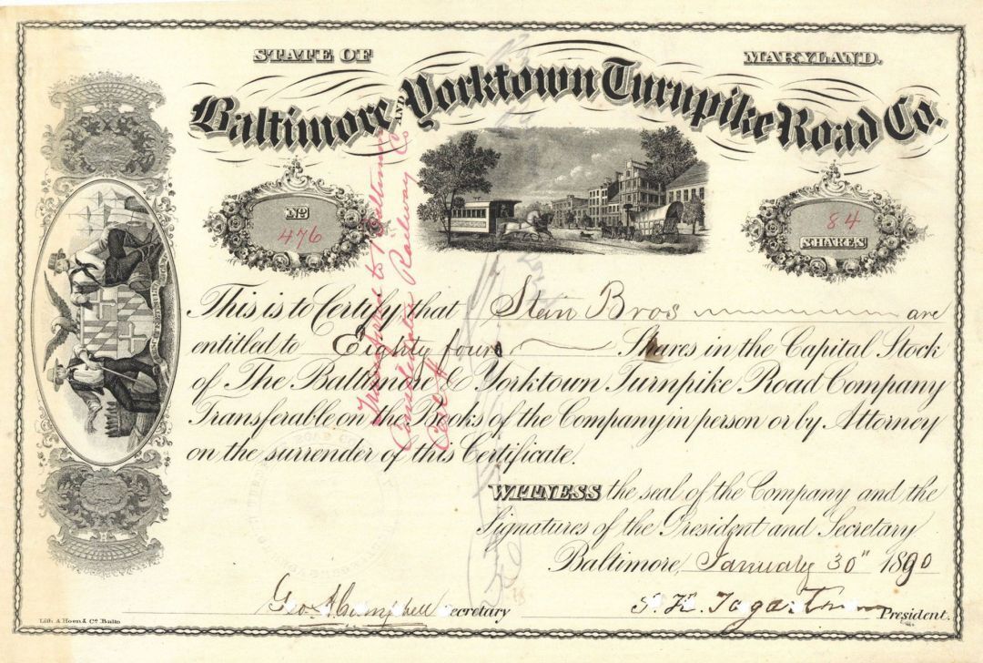 Baltimore and Yorktown Turnpike Road Co. - Stock Certificate - Early Turnpike St
