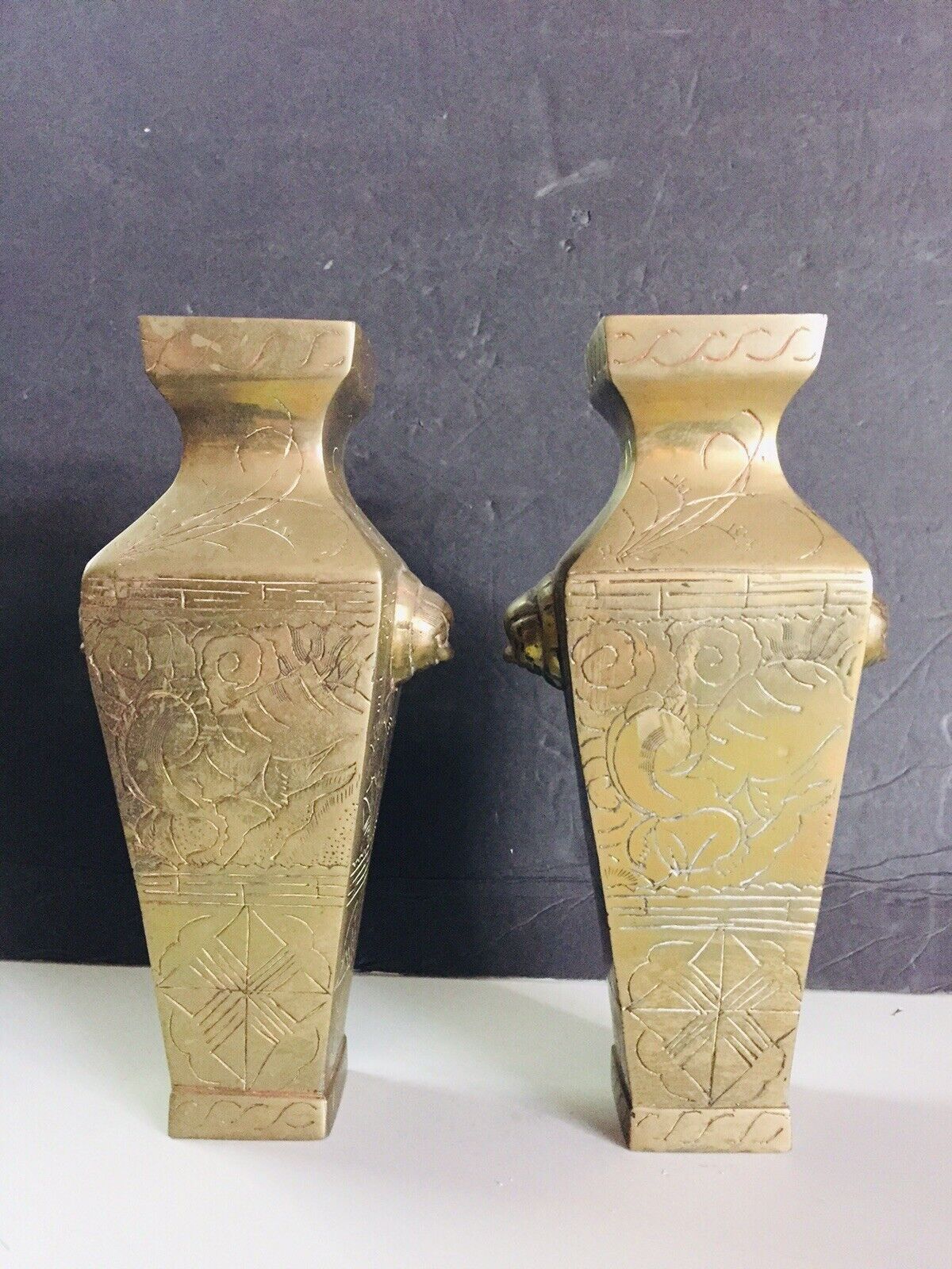 Vintage Brass Pair Of Chinese Asian Gold Color Etched Vase Vases Boho Bohemian 