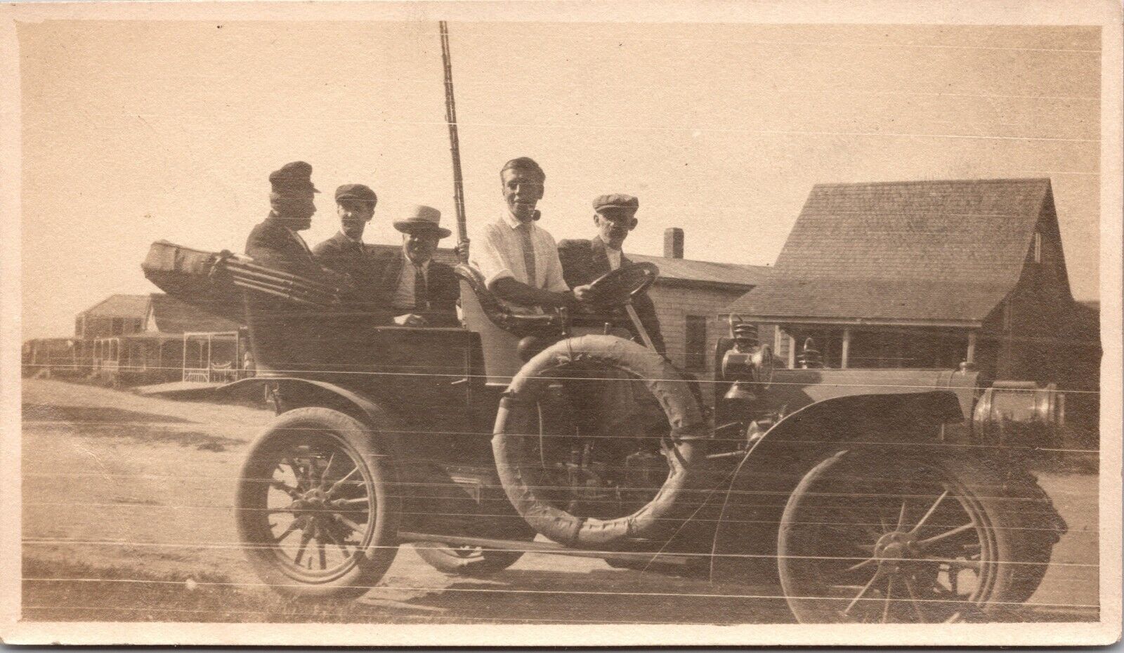 Antique Photo 1907 Locomobile Filled With Five Men Street Scene Early Automobile