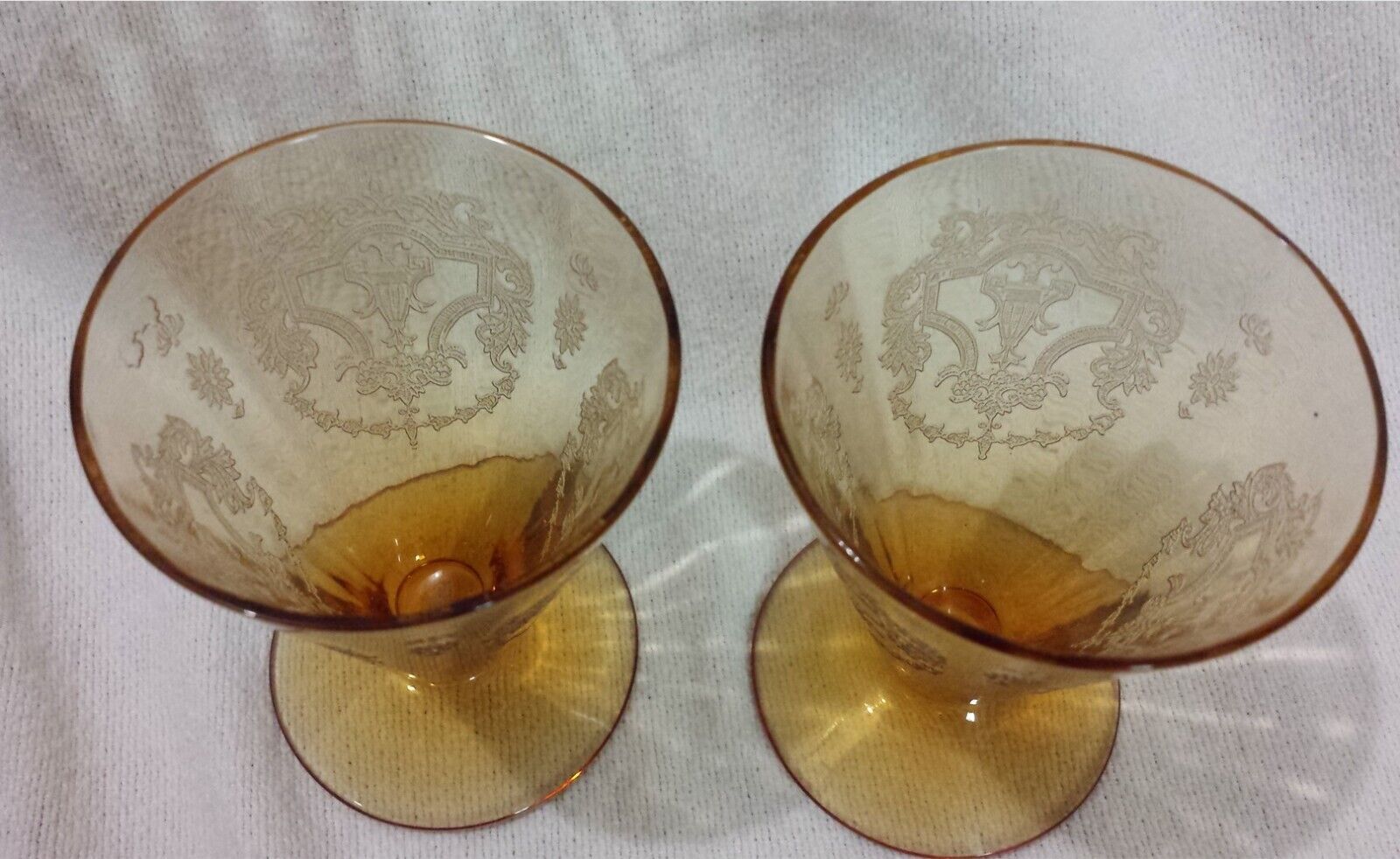 Vtg Depression Carnival Amber Etched Footed Barware Aperitif Cordial Glasses (2)