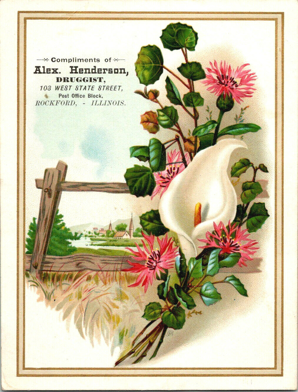 Victorian Advertising Card Floral Lily Alex Henderson Druggist Rockford Illinois