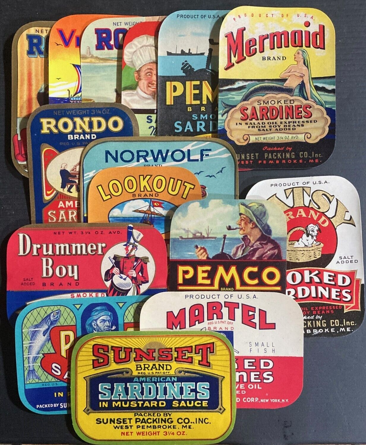 1930-40 Lot of 15 Sardine Labels. Superb Mermaid Label - West Pembroke, Maine.