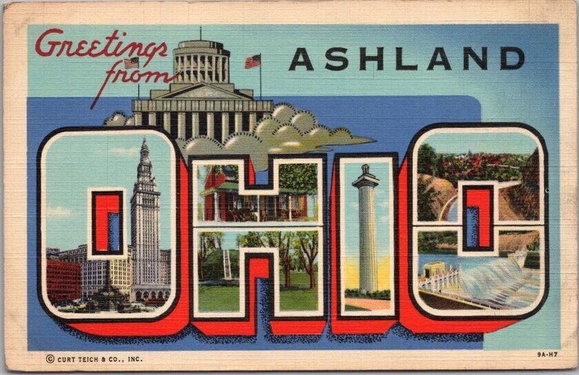 Vintage ASHLAND, OHIO Large Letter Greetings Postcard Curteich Linen c1939