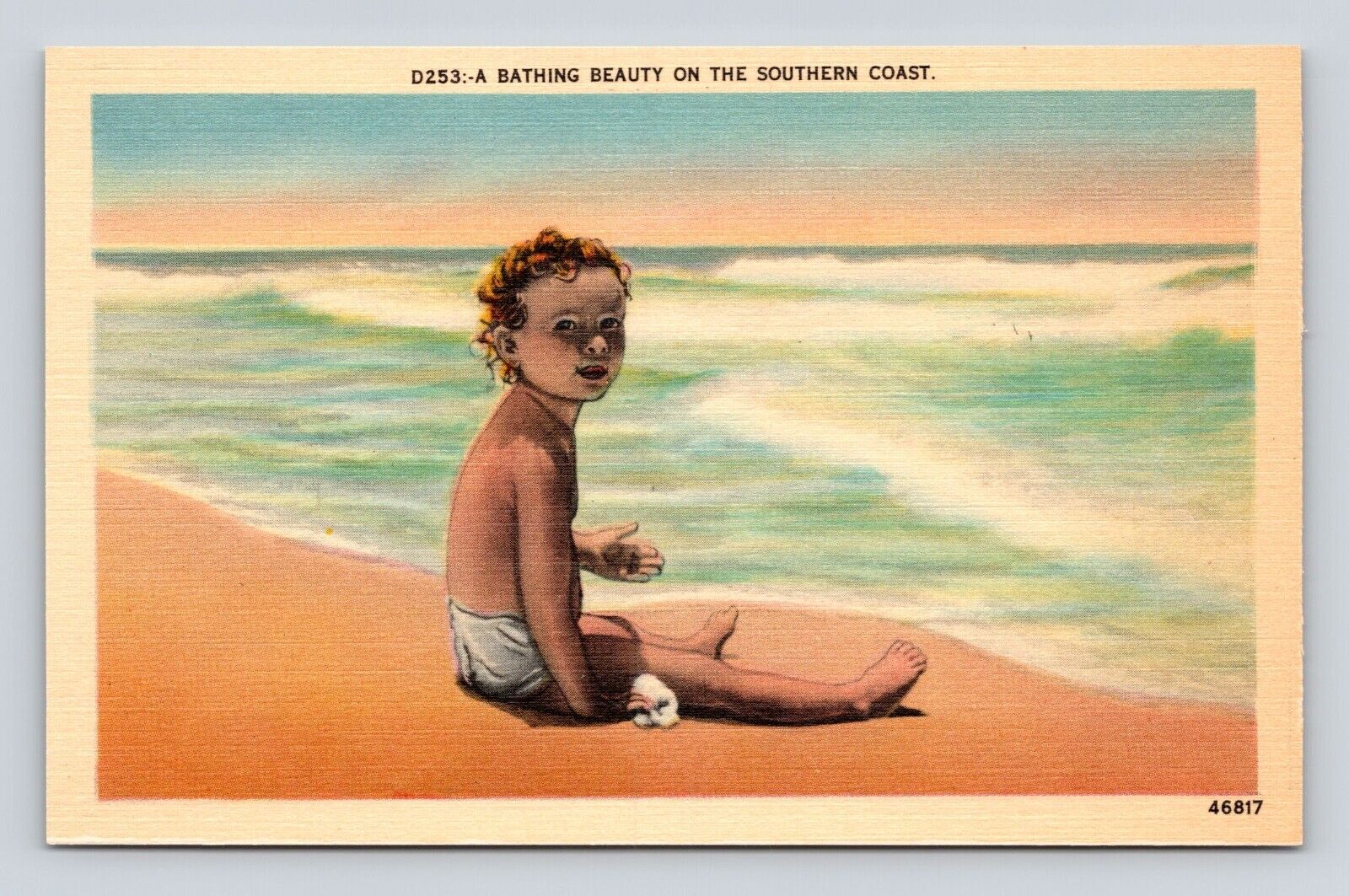 Antique Postcard Sun Bathing Beauty Southern Coast Ocean Beach Little Girl 1940s
