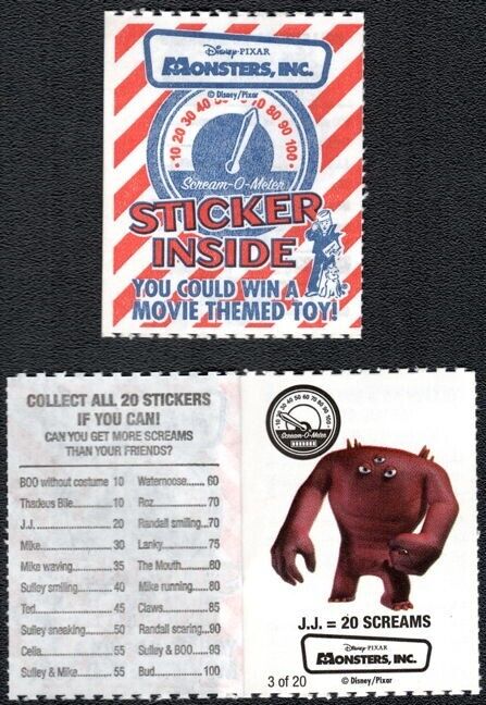 Monsters Inc Stickers Vintage Original Set of 20 Different Toys Cracker Jack