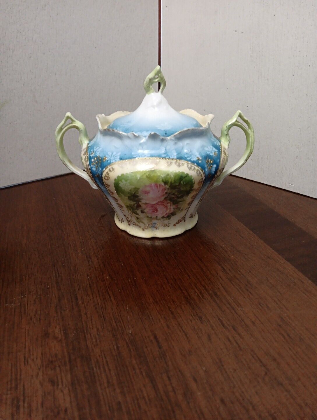 Antique RS Prussia ?? Porcelain Rose Lidded Sugar Bowl