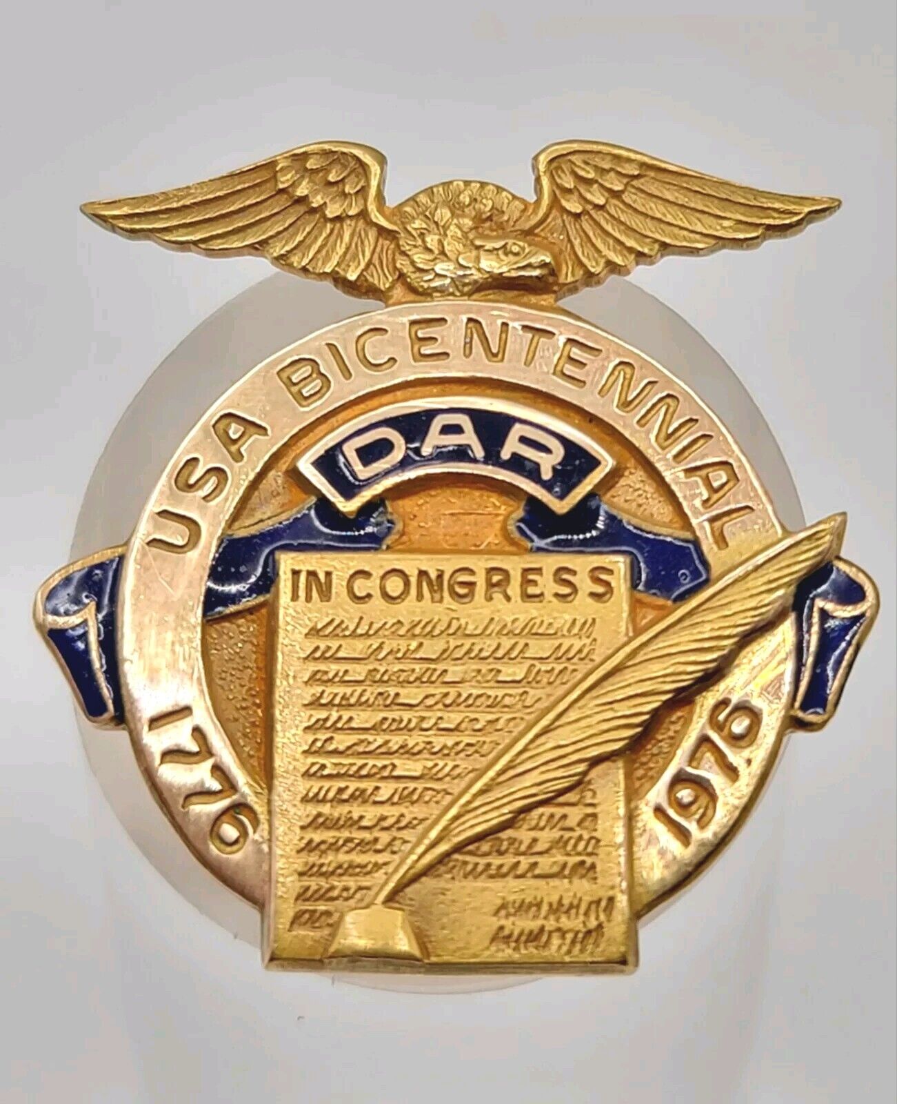 VTG JE Caldwell 14k Gold DAR American Revolution Bicentennial Brooch Pin Enamel